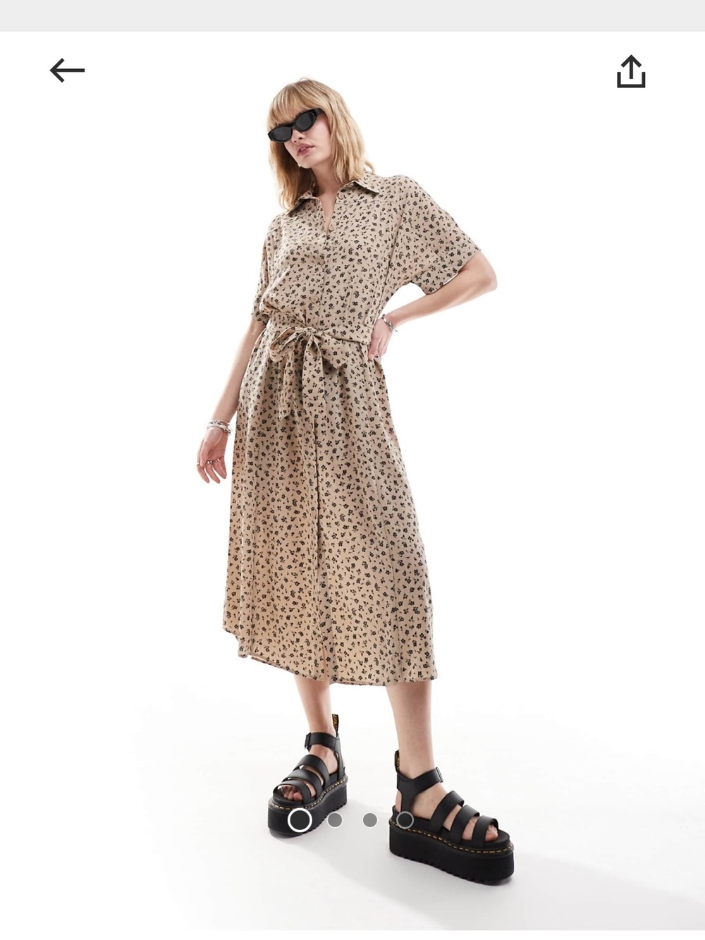 Monki midaxi Beige Floral ditsy print belted shirt Midi Dress